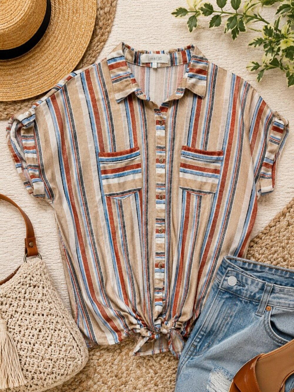 Eden & Olivia Striped Tie Front Blouse Size Large Boho Button Front Short Sleeve